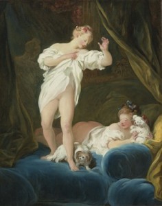 Fragonard, Deux jeunes filles sur un lit jouant avec leur chien, Londres, marché de l'art
