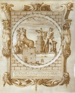 "Vue du groupe des Dioscures sur le Quirinal", vers 1580, plume et encre brune, New York, The Morgan Library, Codex Dyson Perrins, f° 37 r°.