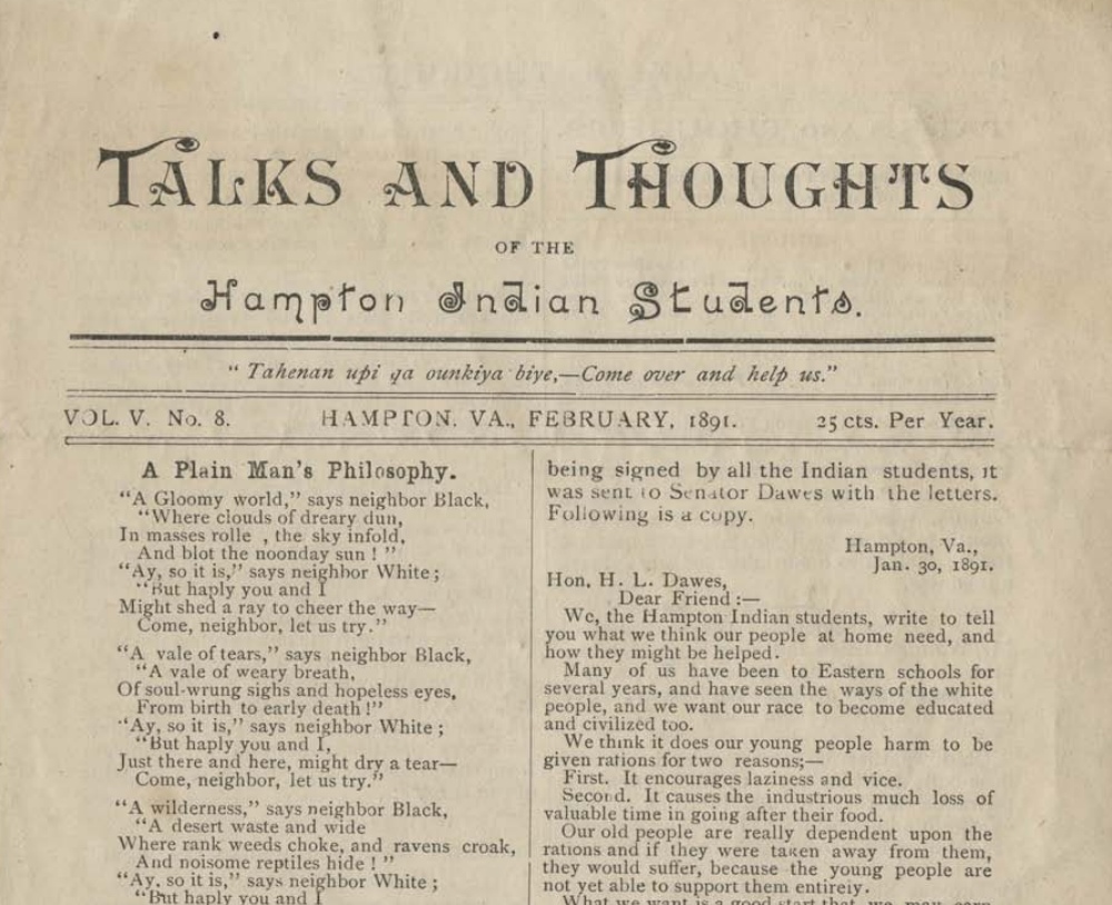 Revue amérindienne Talks and Thoughts of the Hampton Indian Students (détail), 1886-1907, © UC San Diego, La Jolla